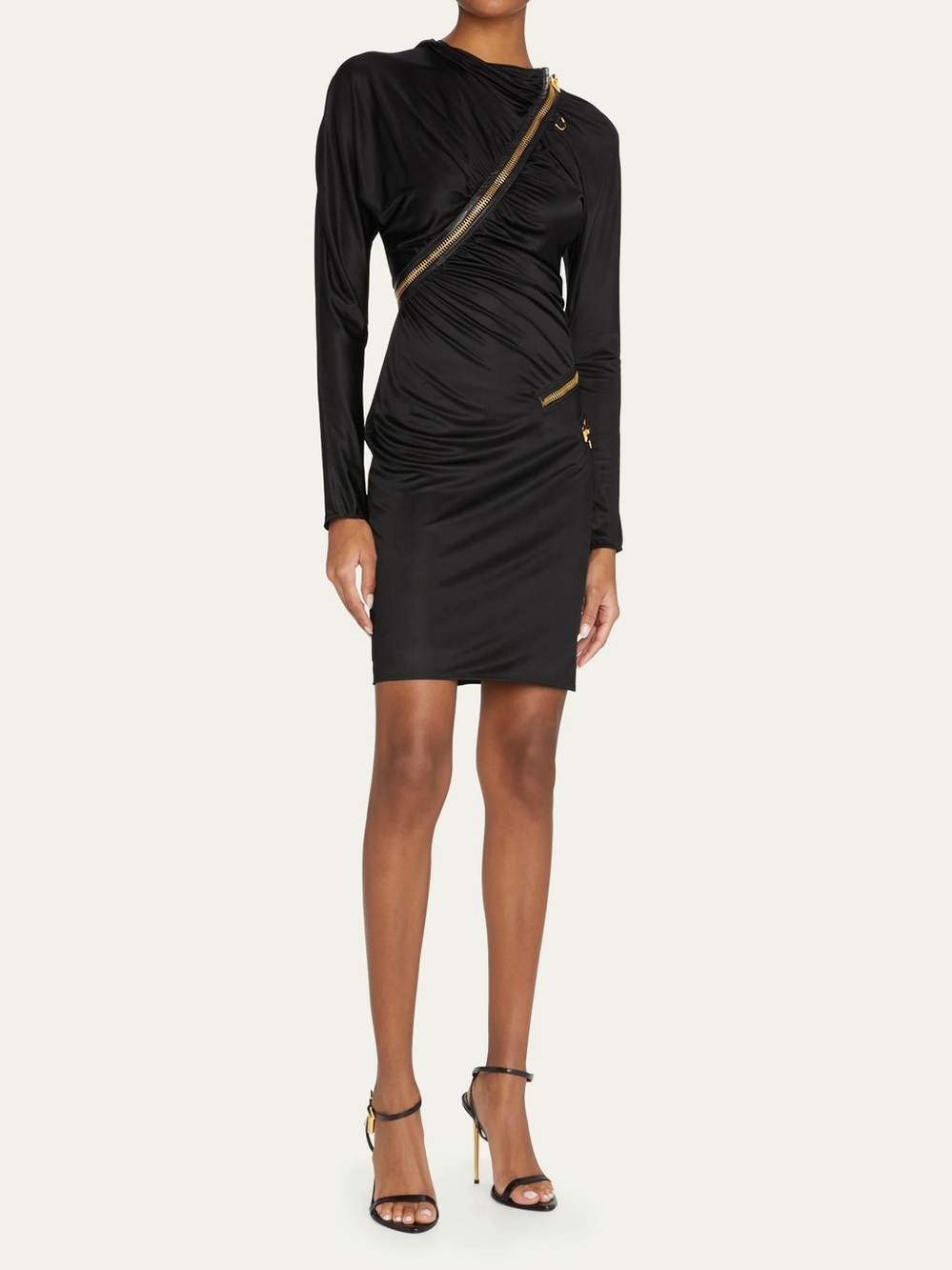 Black Ruched Tom Ford Long-Sleeve Dress with Gold Zip Detail